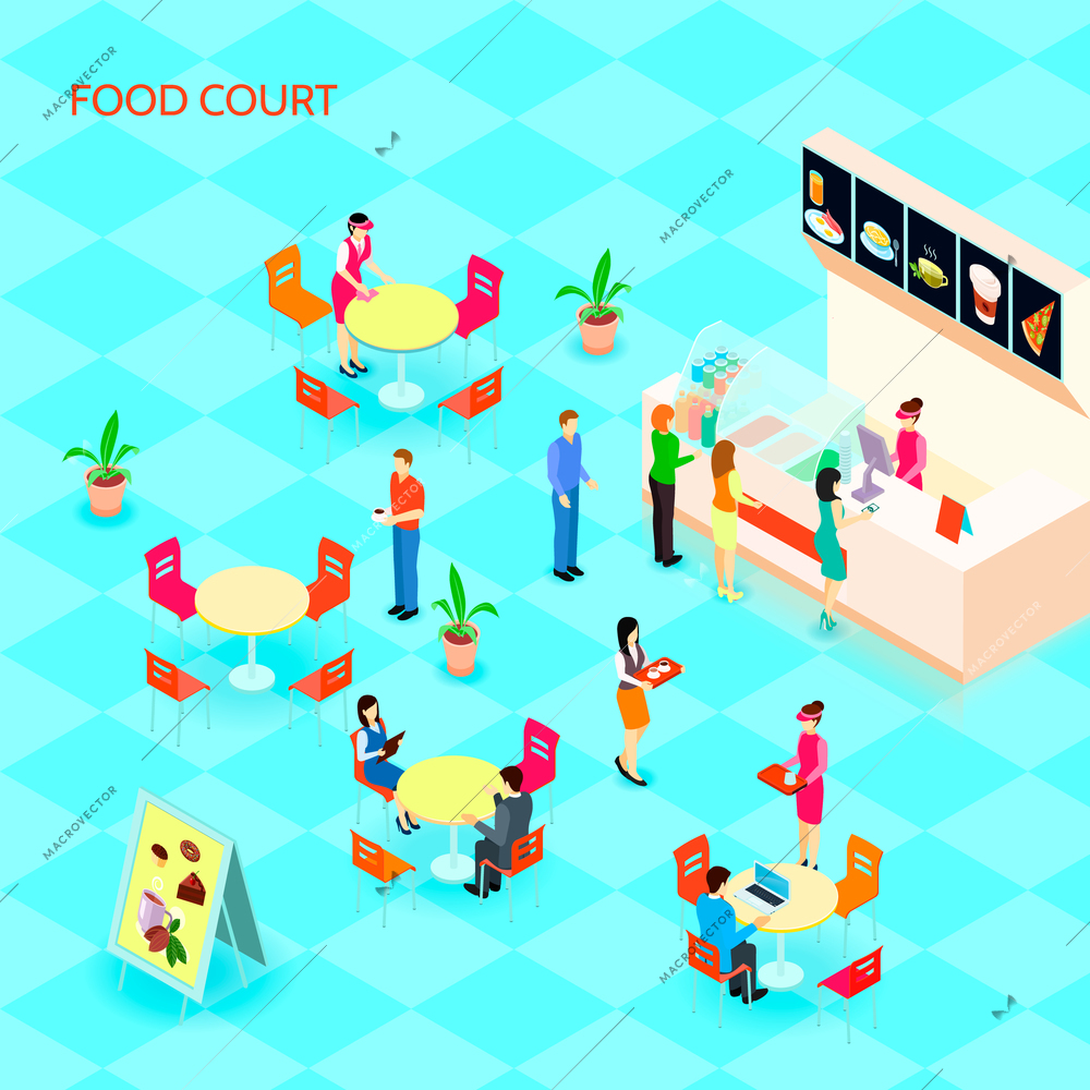Colored fast food isometric icon set with food court at the mall with people who eat vector illustration