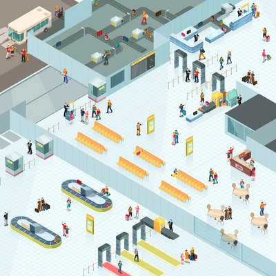 Airport isometric design with departure and arrival zones including waiting seats, cafe, baggage conveyors vector illustration