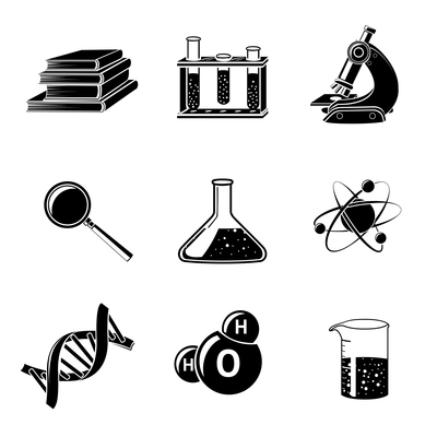 Black science icons set with flask water molecule dna structure isolated vector illustration