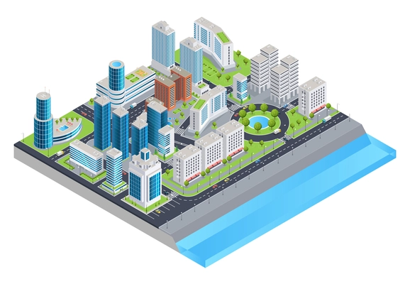 Isometric city composition with modern skyscrapers cars on streets parks and city embankment vector illustration