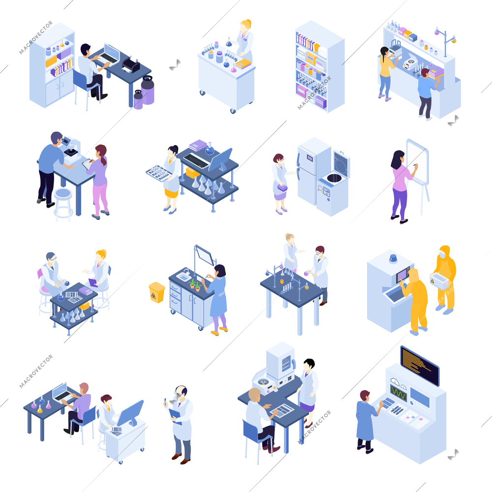 Colored isometric scientific laboratory icon set with laboratory workers on their workplaces vector illustration