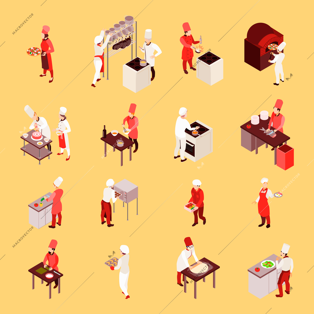 Professional cooking isometric icons with staff during work with culinary tools on beige background isolated vector illustration