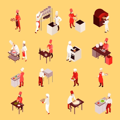 Professional cooking isometric icons with staff during work with culinary tools on beige background isolated vector illustration