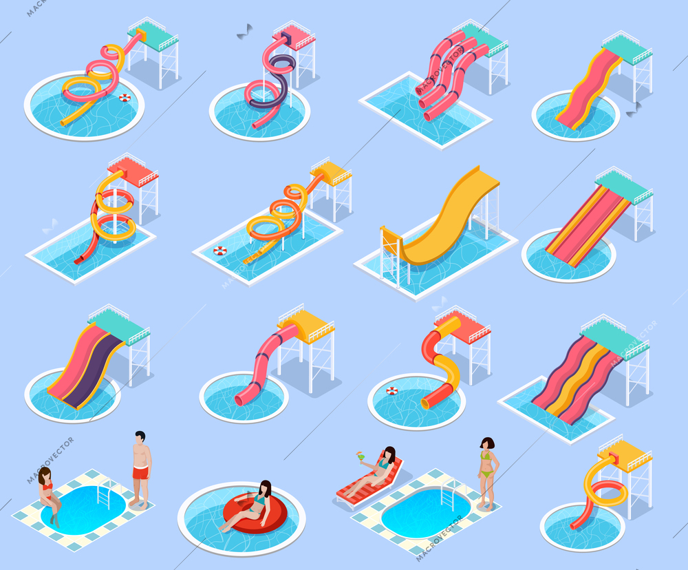 Colored water park aquapark isometric icon set with different types of waterslides and Jacuzzi and swimming pools vector illustration