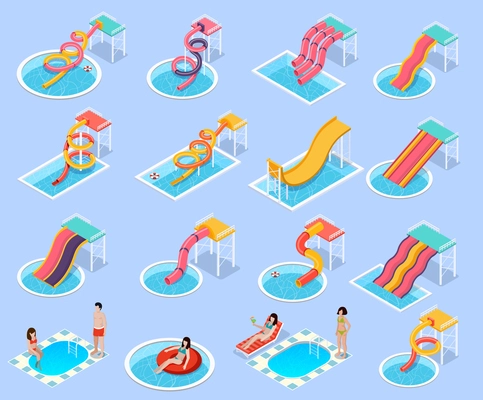 Colored water park aquapark isometric icon set with different types of waterslides and Jacuzzi and swimming pools vector illustration