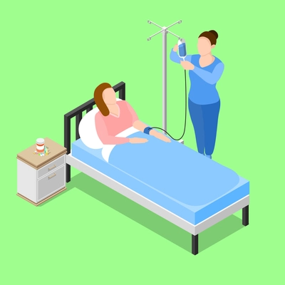 Isometric people doctor composition with ward furniture human characters of nurse and patient on hospital bed vector illustration