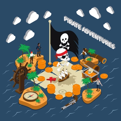 Pirate adventures isometric composition with skull on black flag golden coins compass sailing ship binoculars handgun islands vector illustration