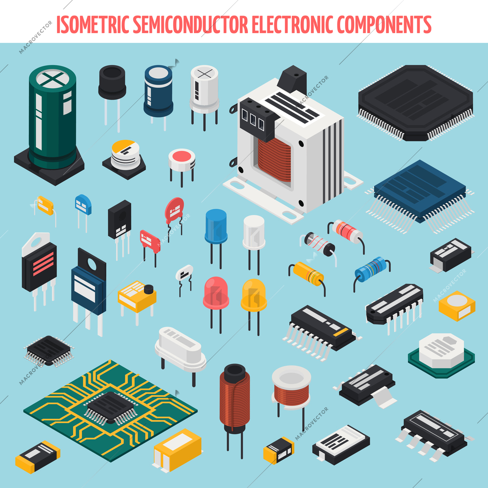 Colored isolated semiconductor electronic components isometric icon set with motherboard chips and other elements vector illustration