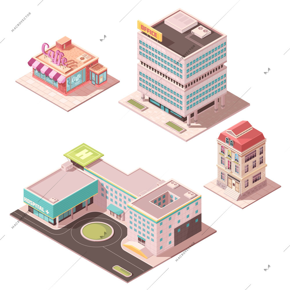 Set of isometric buildings including cafe, office center, residential house, hospital with helicopter pad isolated vector illustration