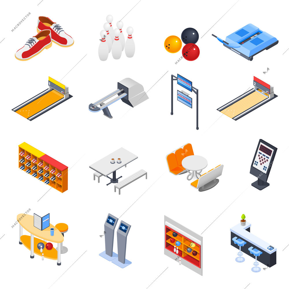 Bowling isometric icons with game equipment, cafe tables, shelves for shoes and balls isolated vector illustration