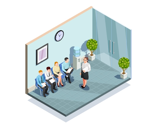 Waiting interview isometric people composition with office reception area interior and delayed job applicants human characters vector illustration