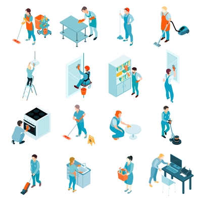 Cleaning service isometric set including workers during washing of windows, floors, wiping of furniture isolated vector illustration