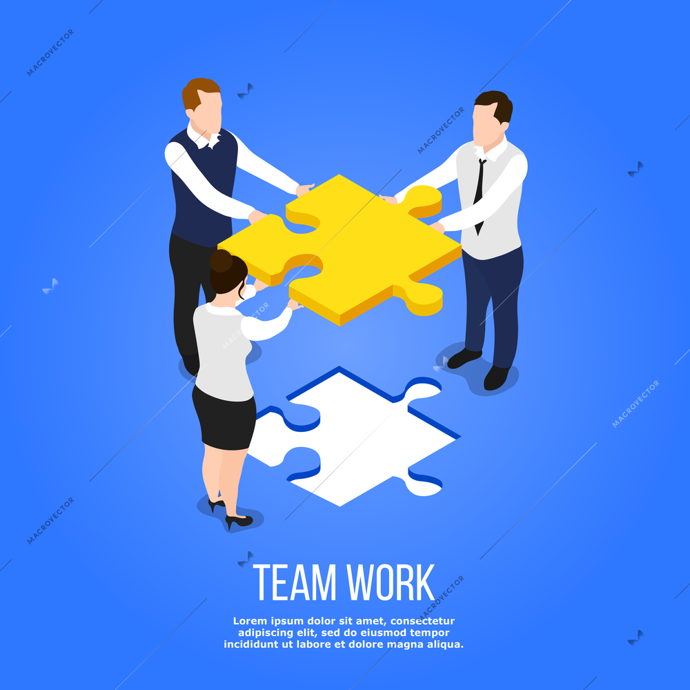 Isometric people teamwork conceptual background with group of human characters holding jigsaw puzzle with editable text vector illustration