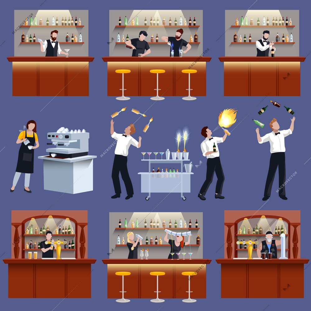 Colored and isolated bar icon set with barman bartender cocktail preparation and working people vector illustration