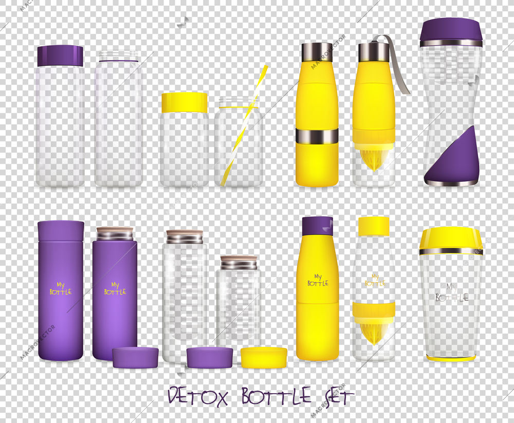 Detox water bottle transparent collection of isolated vessel images made of glass and plastic on transparent background vector illustration