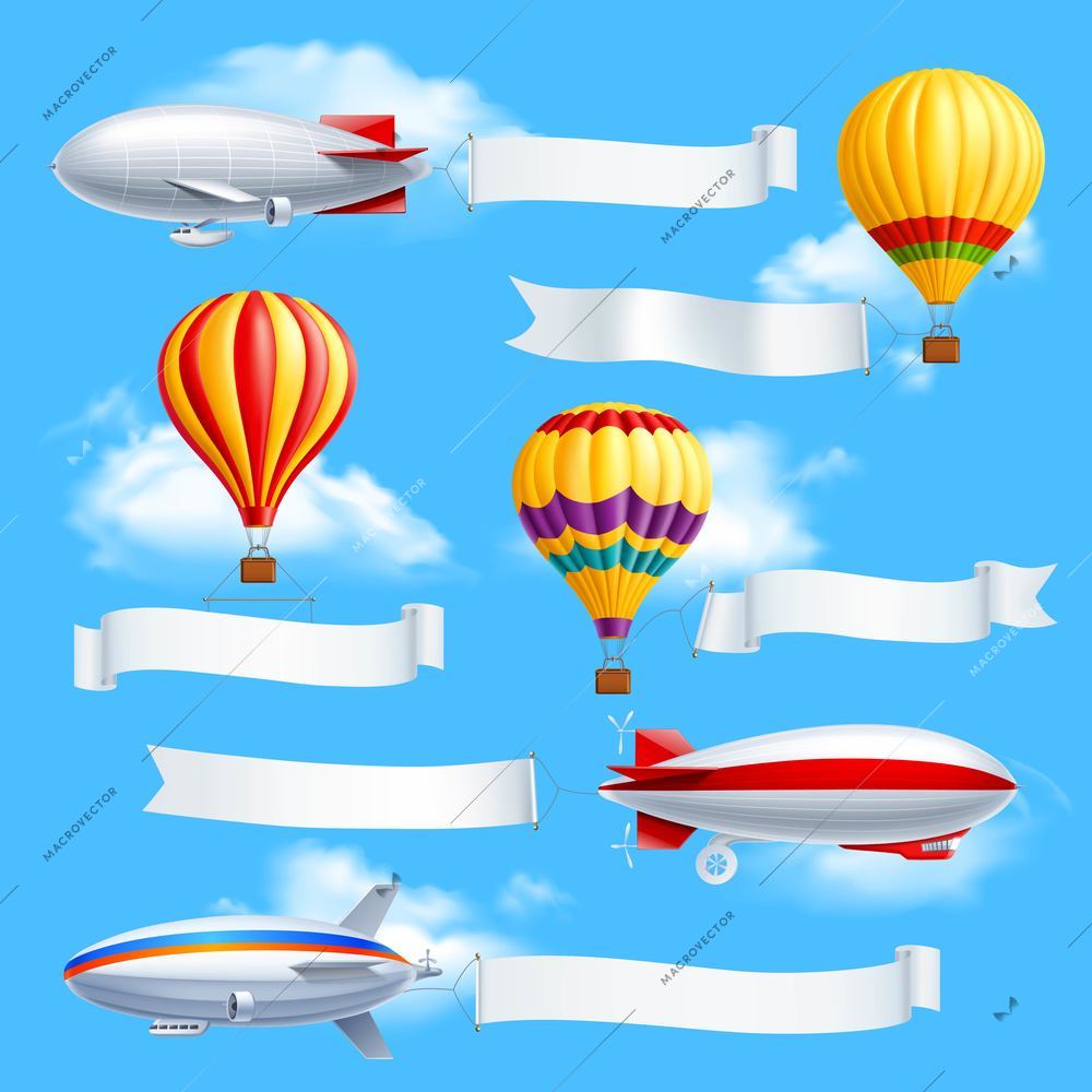 Colored advertising banners composition dirigible and air balloons with attached white fabric banners vector illustration