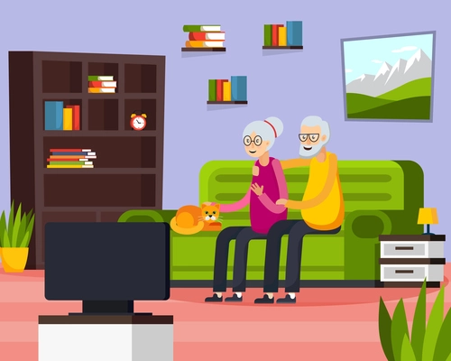 Flat aged elderly people composition with two people watch on tv their favorite show vector illustration