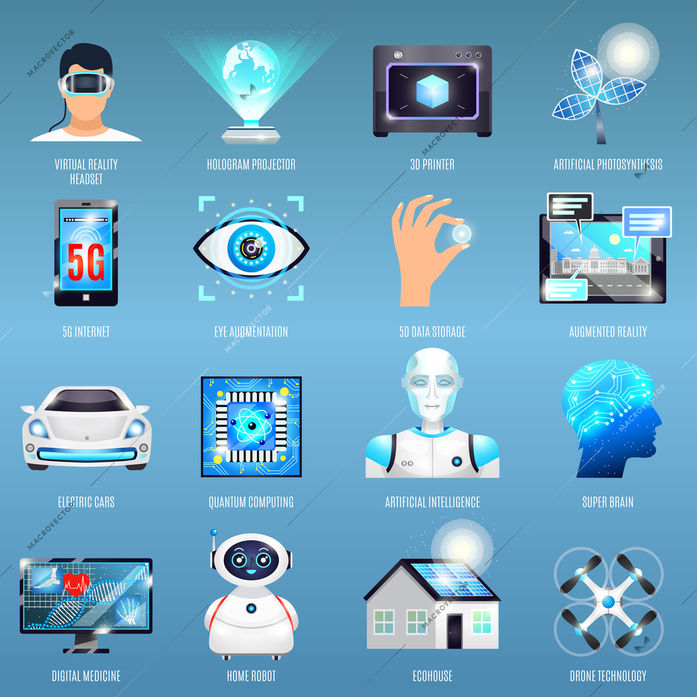 Future technologies icons with eco house, quantum computing, robots, 5g internet on blue background isolated vector illustration