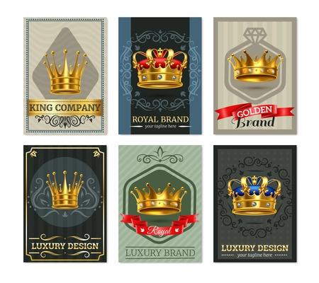 Imperial royal gold realistic crowns on noble background luxury emblems design banners collection isolated vector illustration