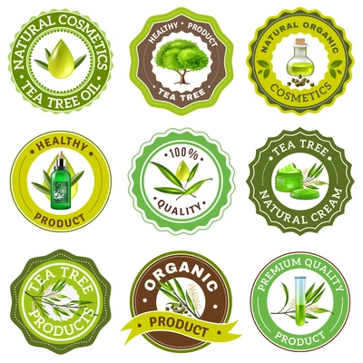 Organic high quality tea tree products emblem logo packaging set isolated on white background realistic vector illustration