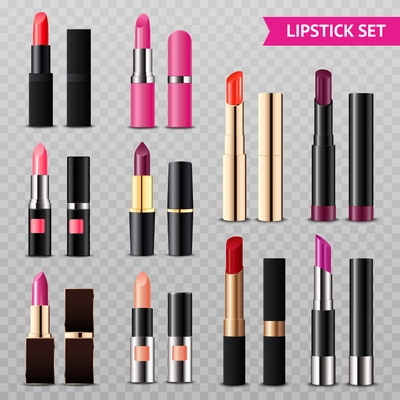 Assorted colors lipsticks set from glossy intense red to matte nude pink realistic transparent background vector illustration