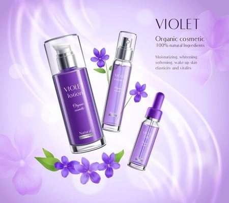 Organic cosmetics skincare products realistic advertisement poster with violets extract essence lotion dispenser colorful background vector illustration