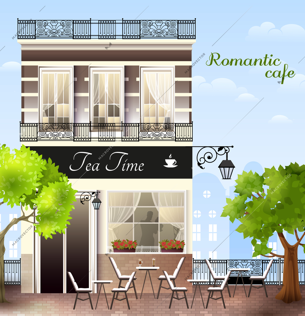 European facade of house with cafe and tables outdoor, green trees on blue sky background vector illustration