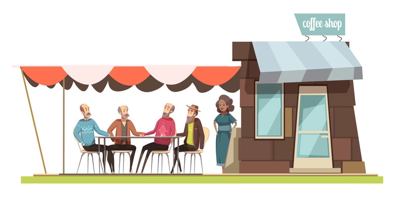 Family in coffee shop design composition with cartoon figurines of young woman and four elderly men talking at leisure vector illustration