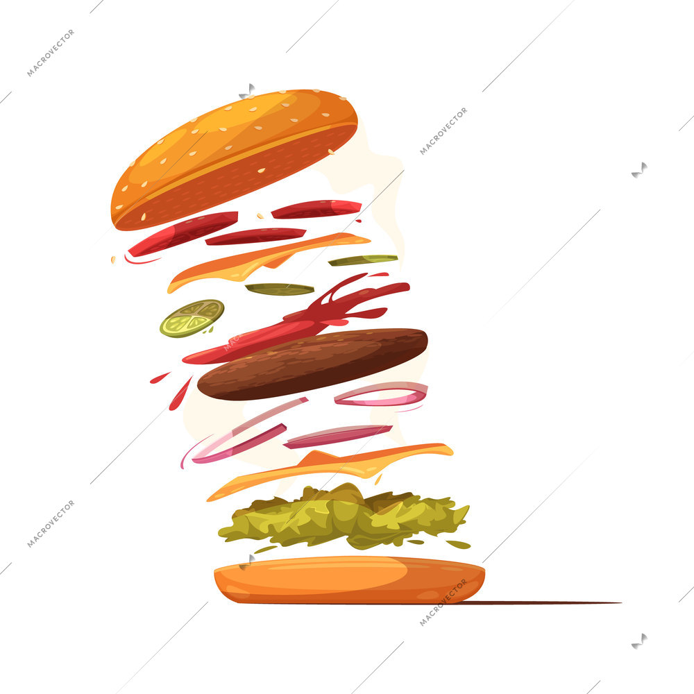 Hamburger ingredients design with beef cutlet cheese sliced vegetables salad bun with sesame and ketchup vector illustration