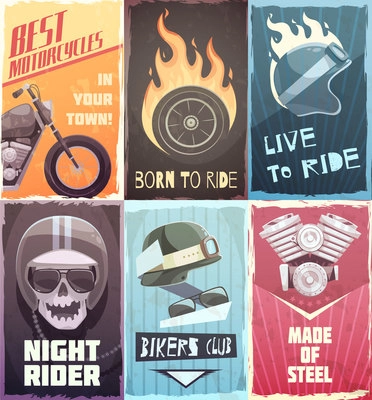 Vintage poster ride set of vertical bikers club retro backgrounds and flat images of motorcycle elements vector illustration