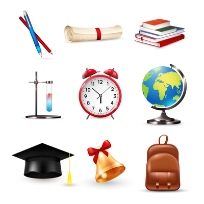 School accessories set with graduation hat, alarm clock, stationery, scroll, globe, books and bell isolated vector illustration