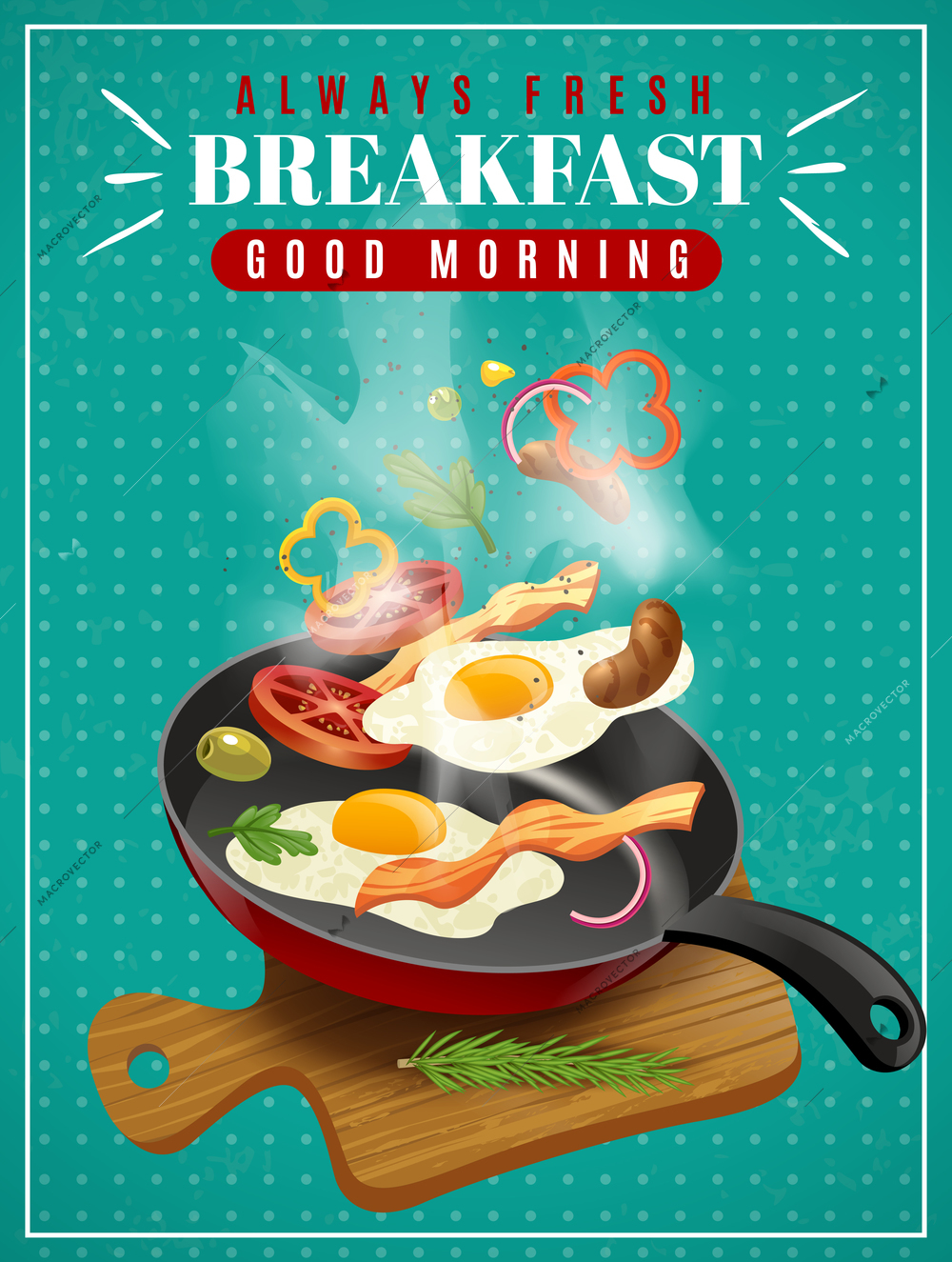 Fresh breakfast poster with meat vegetables fried eggs pan and cutting board on turquoise background vector illustration