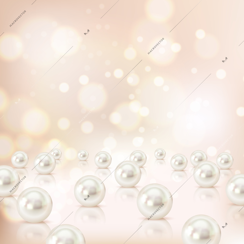 Pearl background with realistic images of cockle shells with blurry particles shadows and abstract elements vector illustration