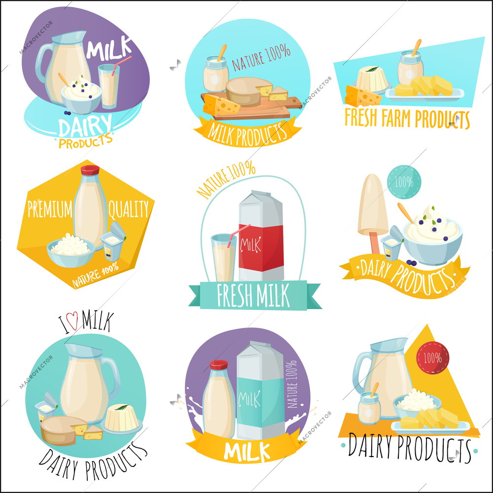 Set of logos with dairy products including milk curd butter cheese and design elements isolated vector illustration