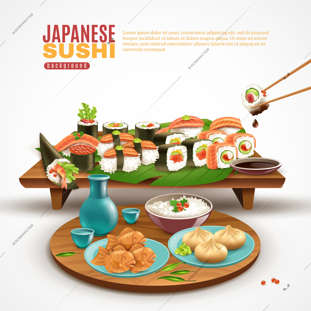 Realistic background with wooden stand full of sushi maki and plate with other japanese dishes vector illustration