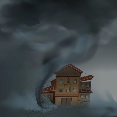 Tornado house composition with realistic image of cataclysm and accomodation unit under the convulsion of nature vector illustration