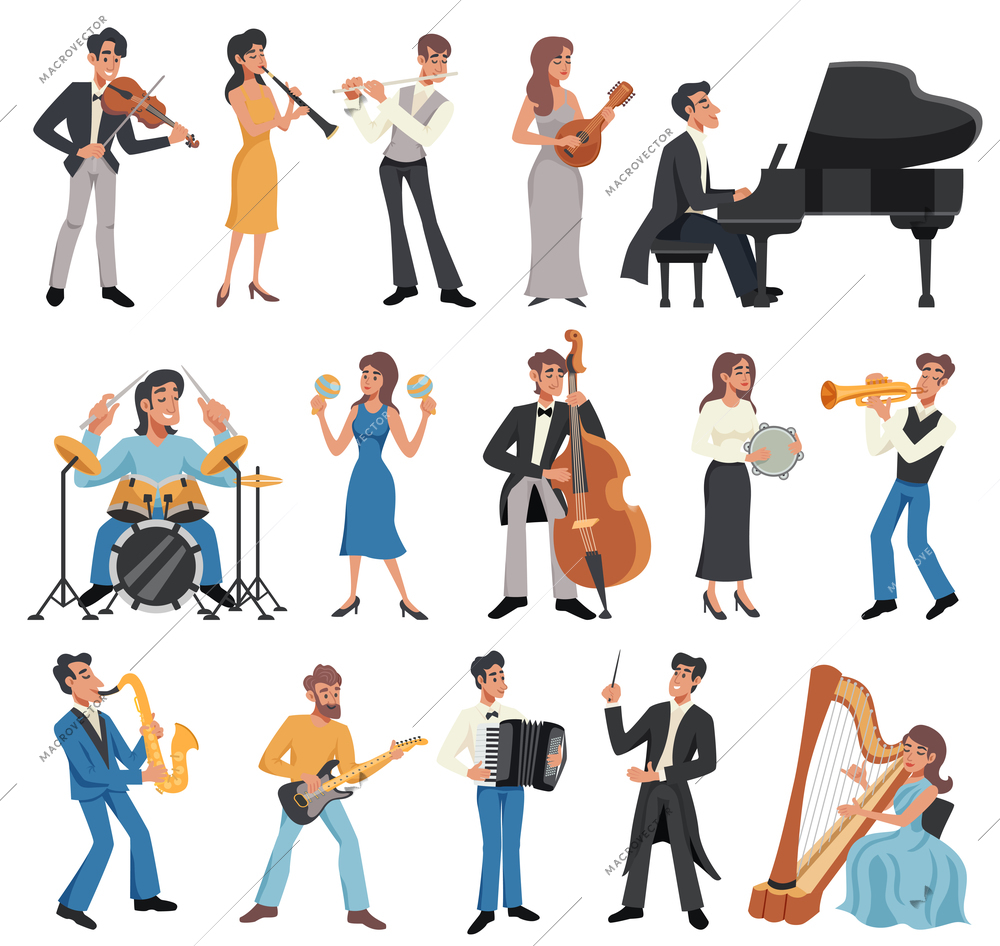 Colored and isolated musician icon set with men and women play instruments and sing vector illustration