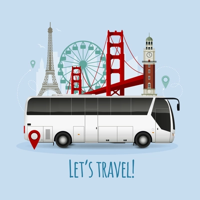 Realistic touristic bus with european landmarks including eiffel tower and ferris wheel on blue background vector illustration