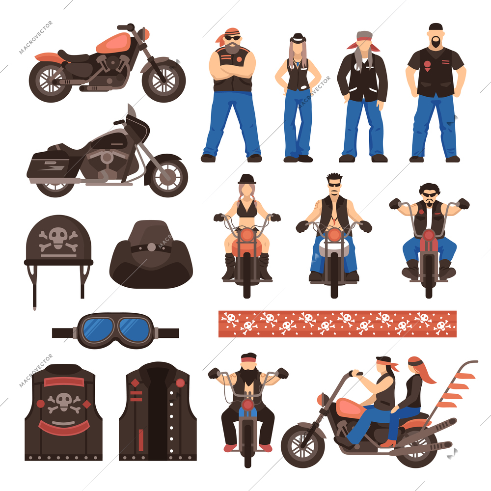 Bikers flat cartoon icons set with male and female riders bike vehicles uniform and accessories elements  isolated vector illustration