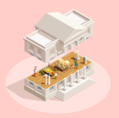 Museum icon isometric composition with museum building facade divided in section and exhibit items shown inside vector illustration