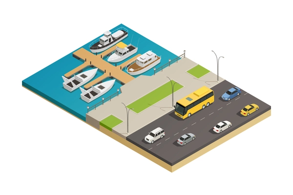 Sea waterfront watercraft mooring quay and motorway road transport isometric composition with vessel and motorboats vector illustration