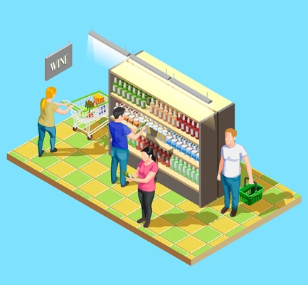 Isometric people shopping composition of self-service sales cabinet in supermarket with wine and customer characters vector illustration