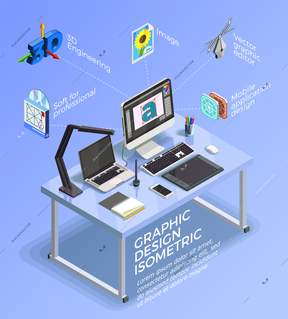 Graphic design isometric concept with infographics and designers workplace with computers drawing tablet icons and text vector illustration