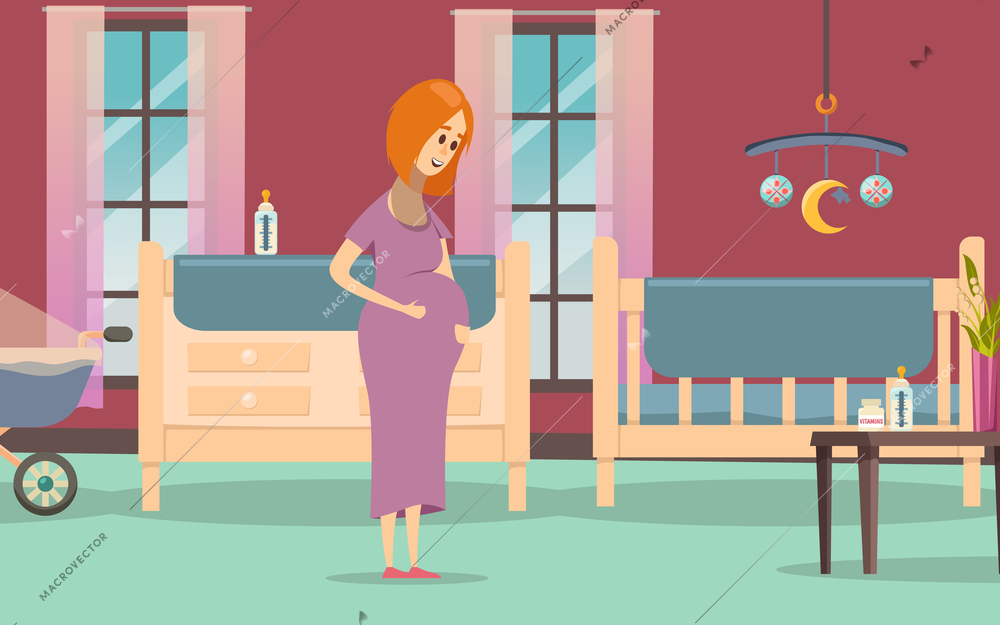 Colored Pregnancy composition with red head pregnant woman at home in nursery vector illustration