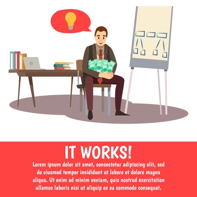 Business trainings background with man sitting in office, holding money and thinking about his success vector illustration