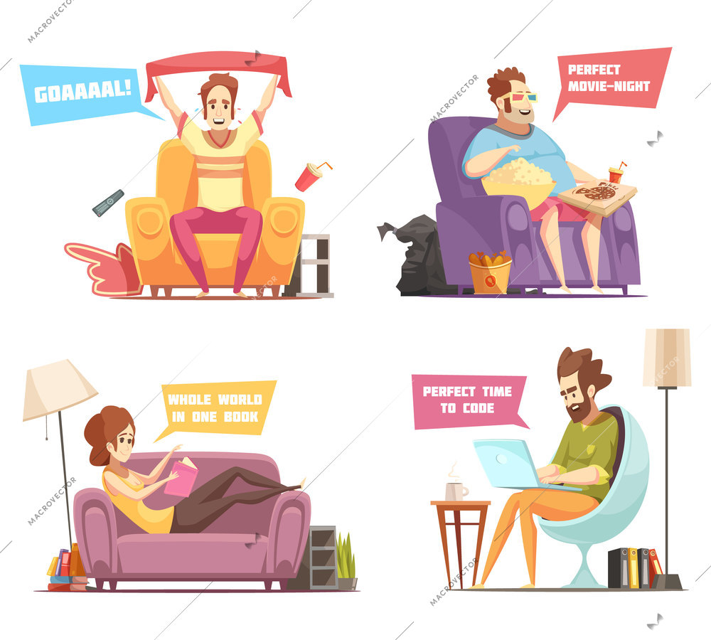 Sedentary persons retro cartoon icons with sport fan, work at laptop, reading, watching television isolated vector illustration