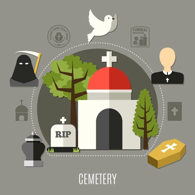 Cemetery concept set with death and church symbols flat vector illustration