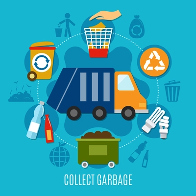 Garbage composition with flat doodle style icons of refuse collection truck trash bins and recycling pictograms vector illustration