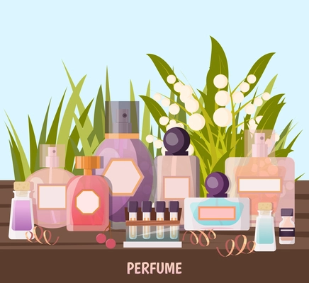 Colored cartoon perfume shop background with exhibition of perfume samples for advertising vector illustration