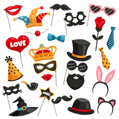 Colored and isolated carnival photo booth party icon set with masks of various characters vector illustration